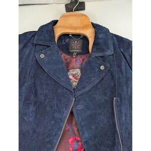 Isaac Mizrahi‎ New Women's suede motorcycle jacket navy blue floral lining sz 16